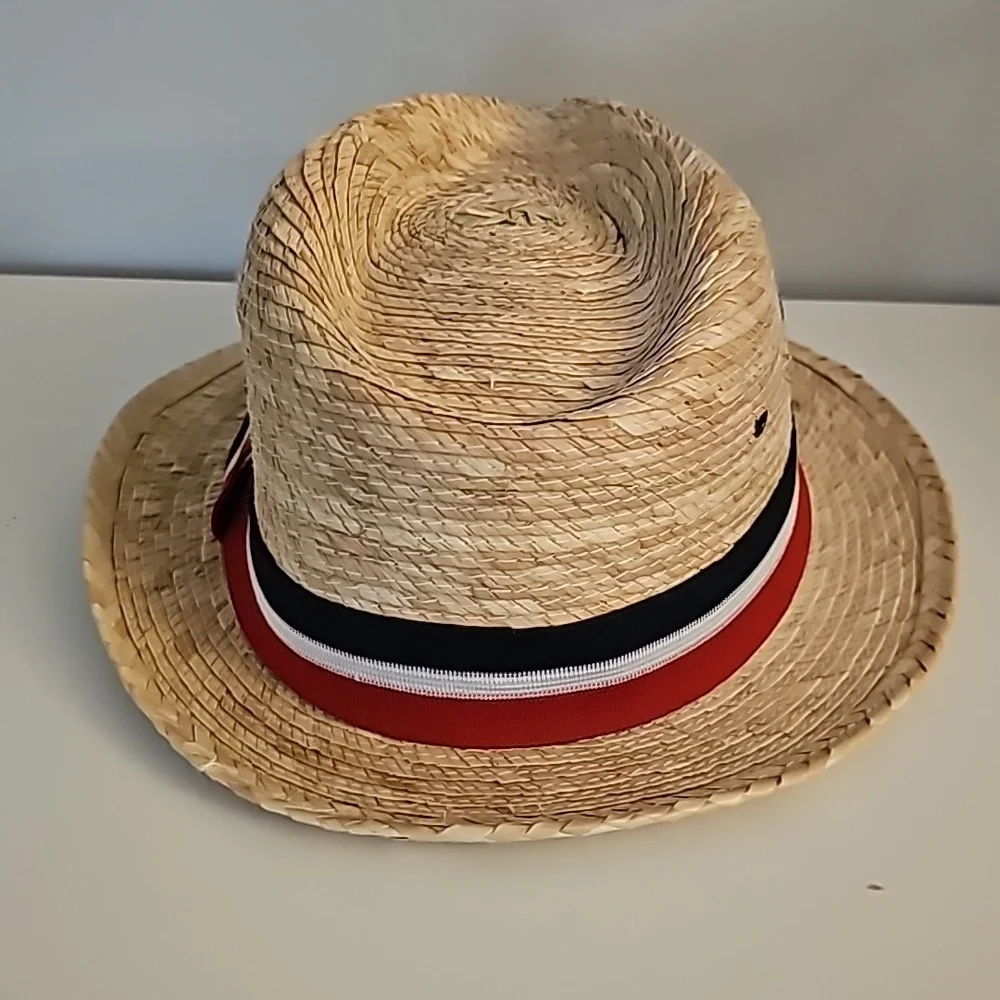 Stylish Straw Fedora with Red White and Blue Band